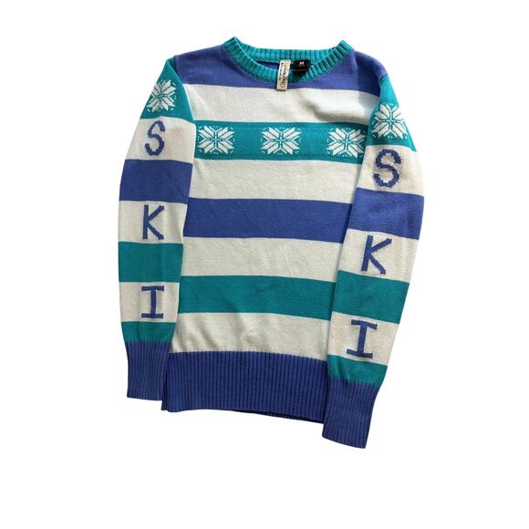 Obermeyer apres ski winter snow crew neck sweater blue teal white stripes - Picture 3 of 6
